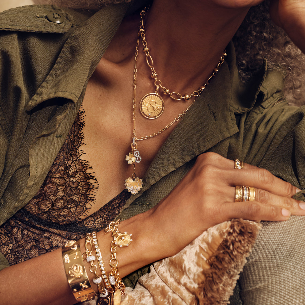 Heart Love Token and Four Heart Clover Fine Mixed Clip Extension Story : in Mixed Gold with Diamonds