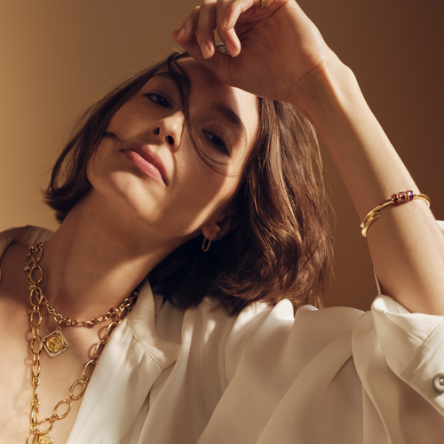 Baguette Heart Beats Strong Heart Bangle : in Yellow Gold with Garnet, Pink Tourmaline, and Amethyst