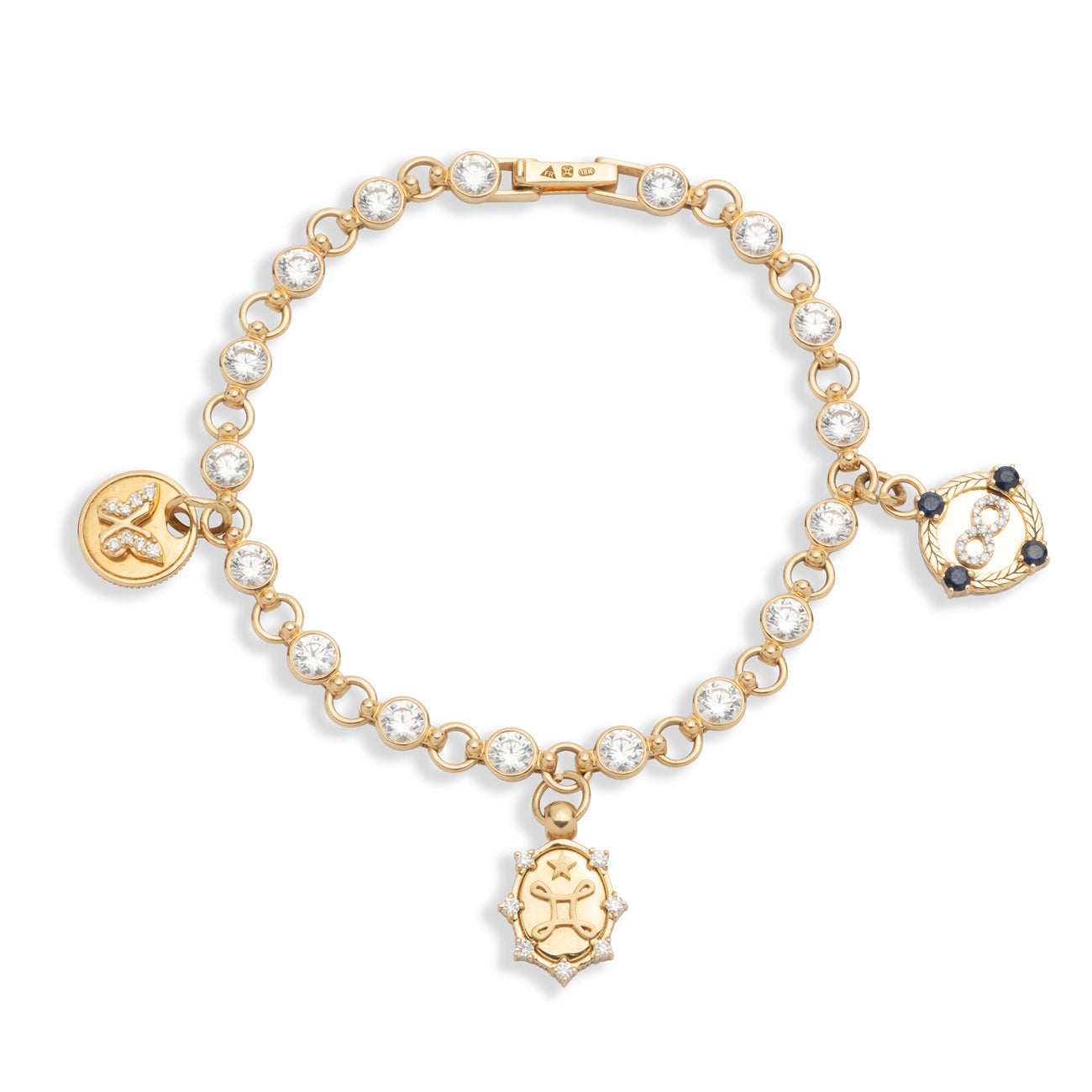 True Love and Infinity Diamond Link Rivière Bracelet Story : in Yellow Gold with Diamonds and Blue Sapphire