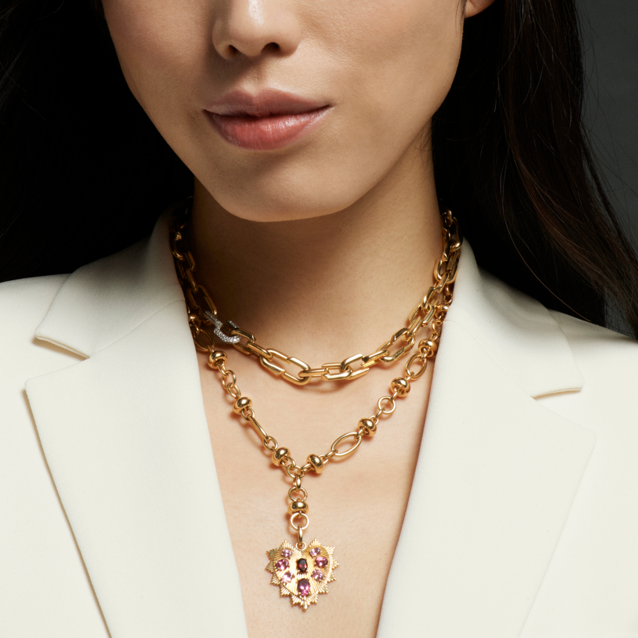 Gemstone Heart Love Token Orbit Chain Extension Necklace : in Yellow Gold with Pink Tourmaline and Garnet