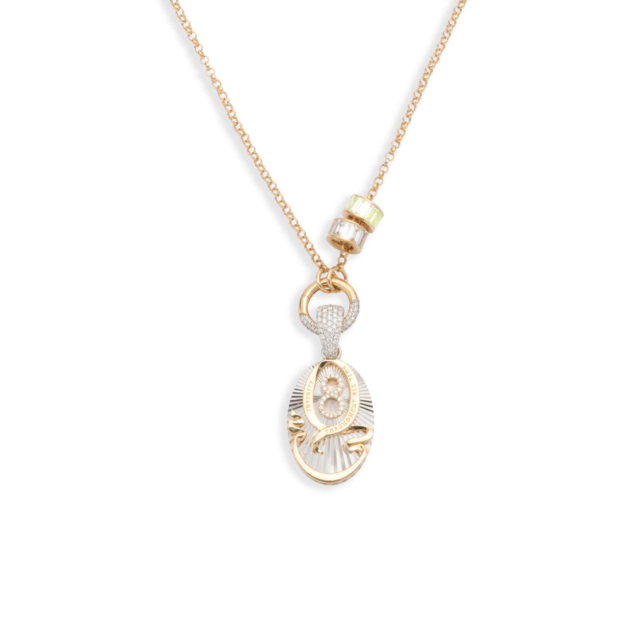 Karma and Heart Beats Small Belcher Open Chain Necklace : in Mixed Gold with Diamonds and Peridot