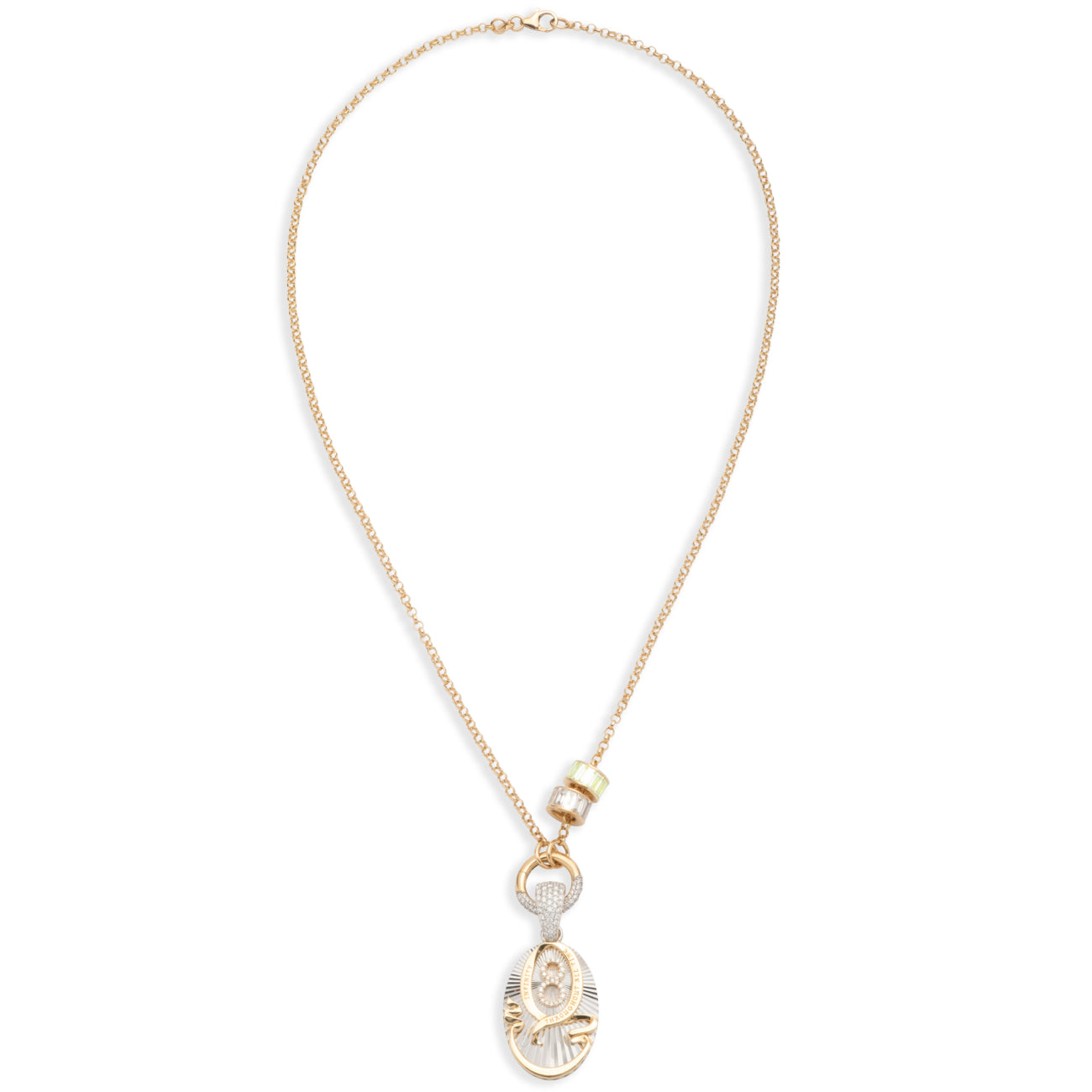 Karma and Heart Beats Small Belcher Open Chain Necklace : in Mixed Gold with Diamonds and Peridot