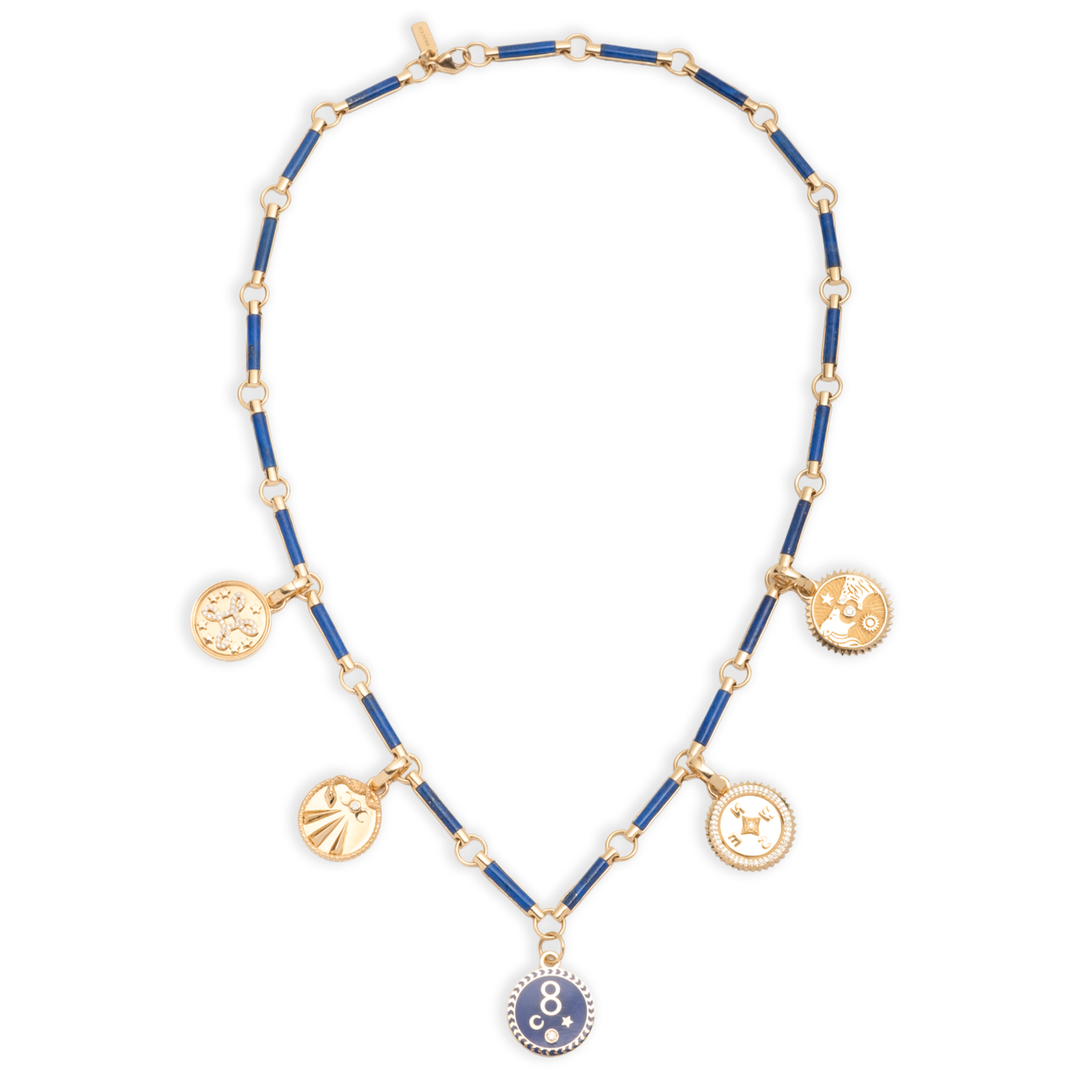 Multi-Tenet Lapis Lazuli Stone Chain Story : in Yellow Gold with Diamonds and Blue Ceramic