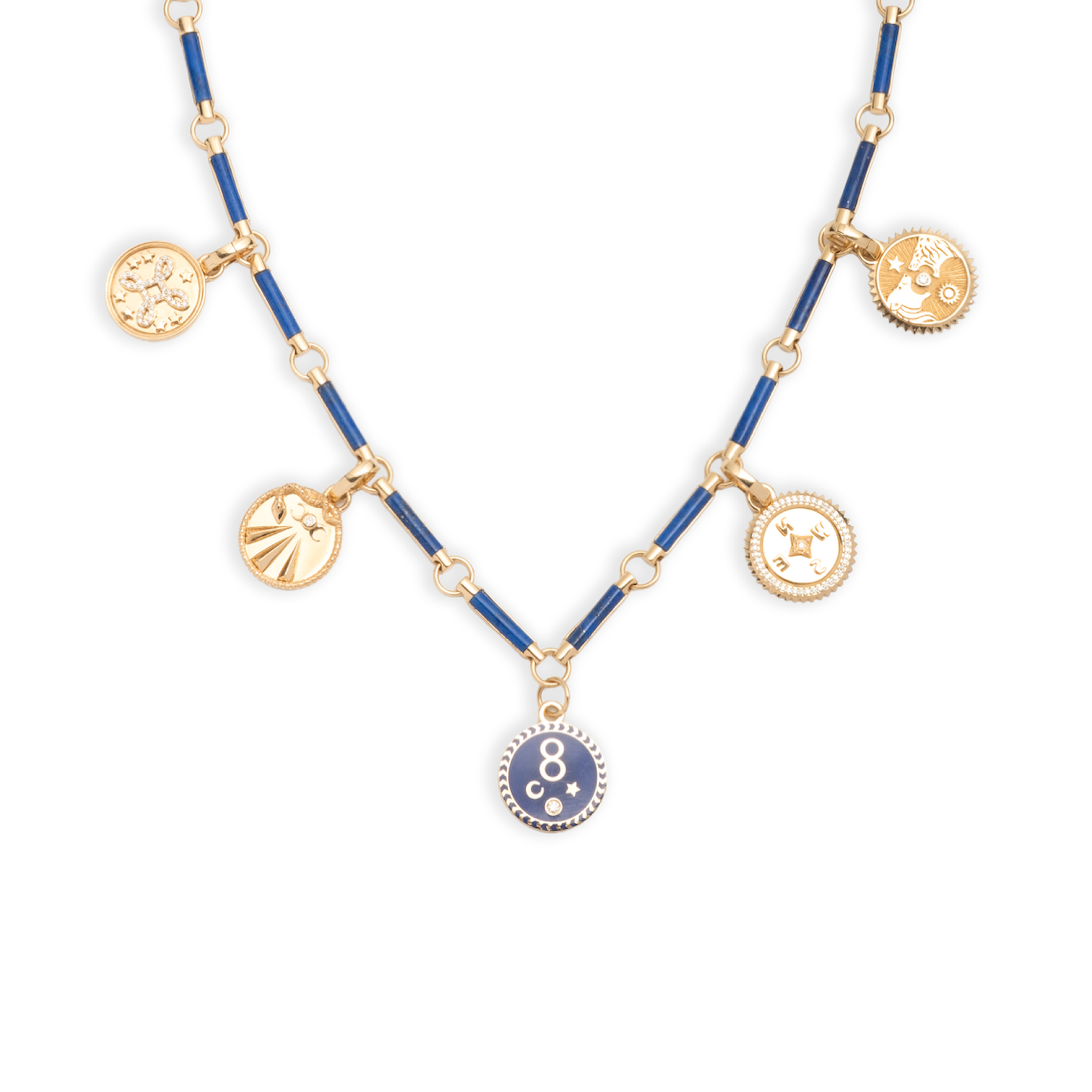 Multi-Tenet Lapis Lazuli Stone Chain Story : in Yellow Gold with Diamonds and Blue Ceramic