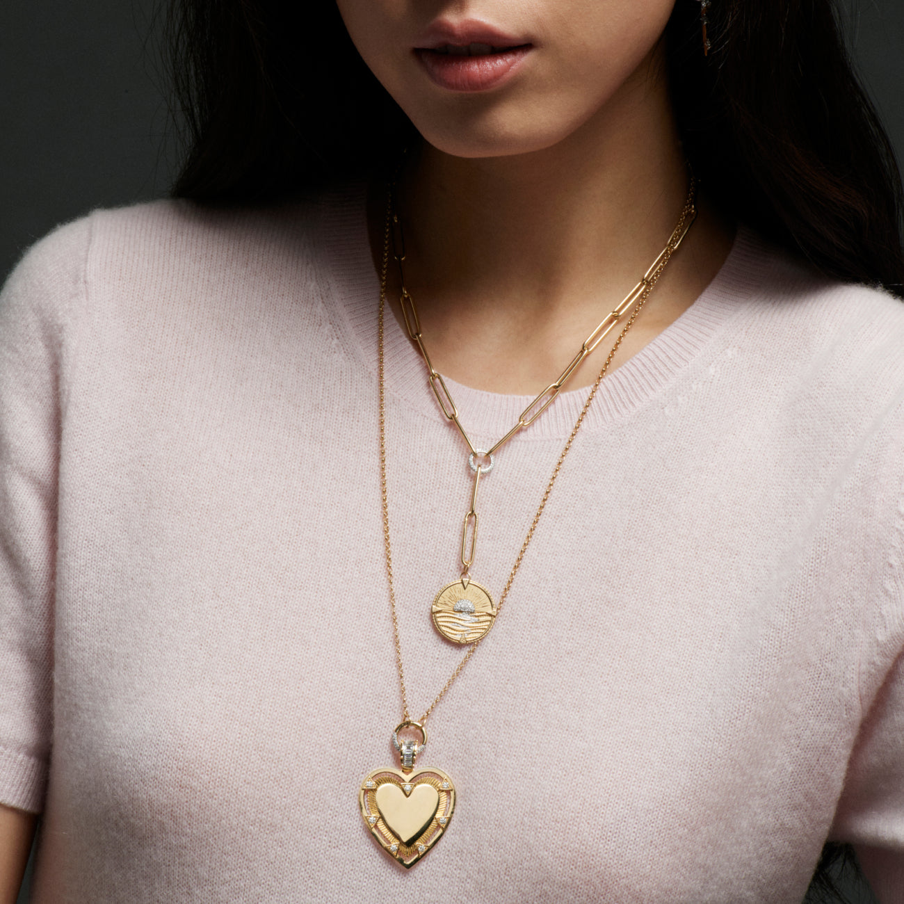 Engravable Heart Small Belcher Open Chain Necklace : in Yellow Gold with Diamonds