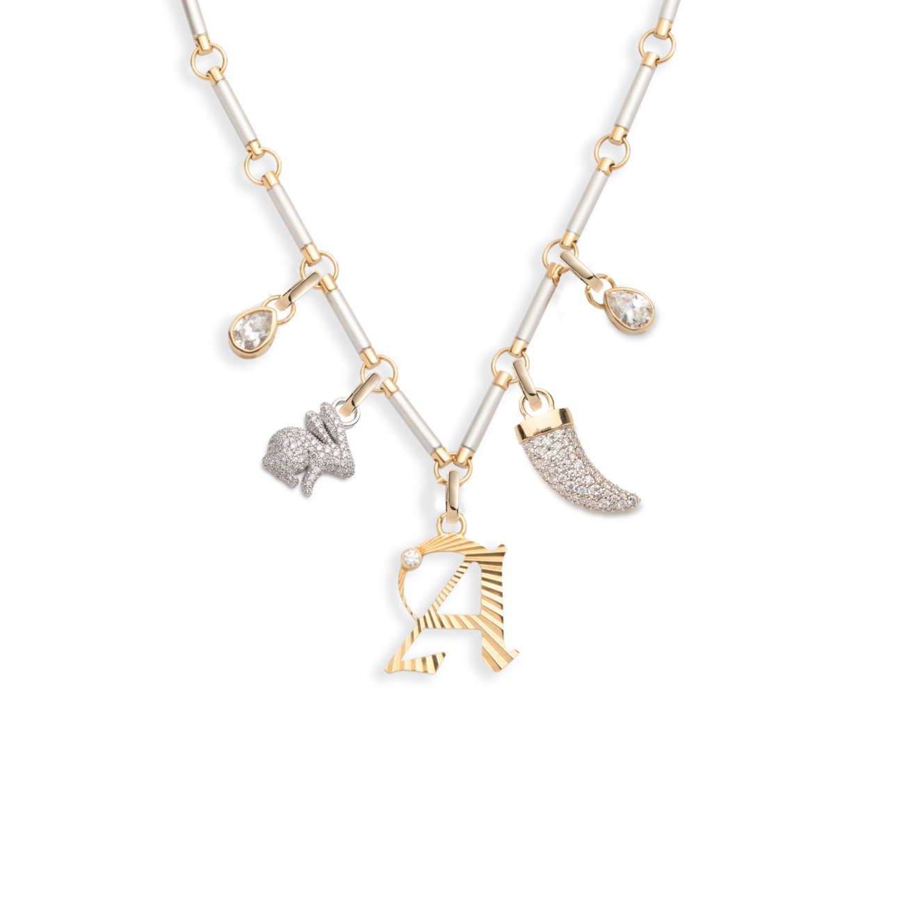 Initial and Snow Pavé Diamond Element Chain Story : in Mixed Gold