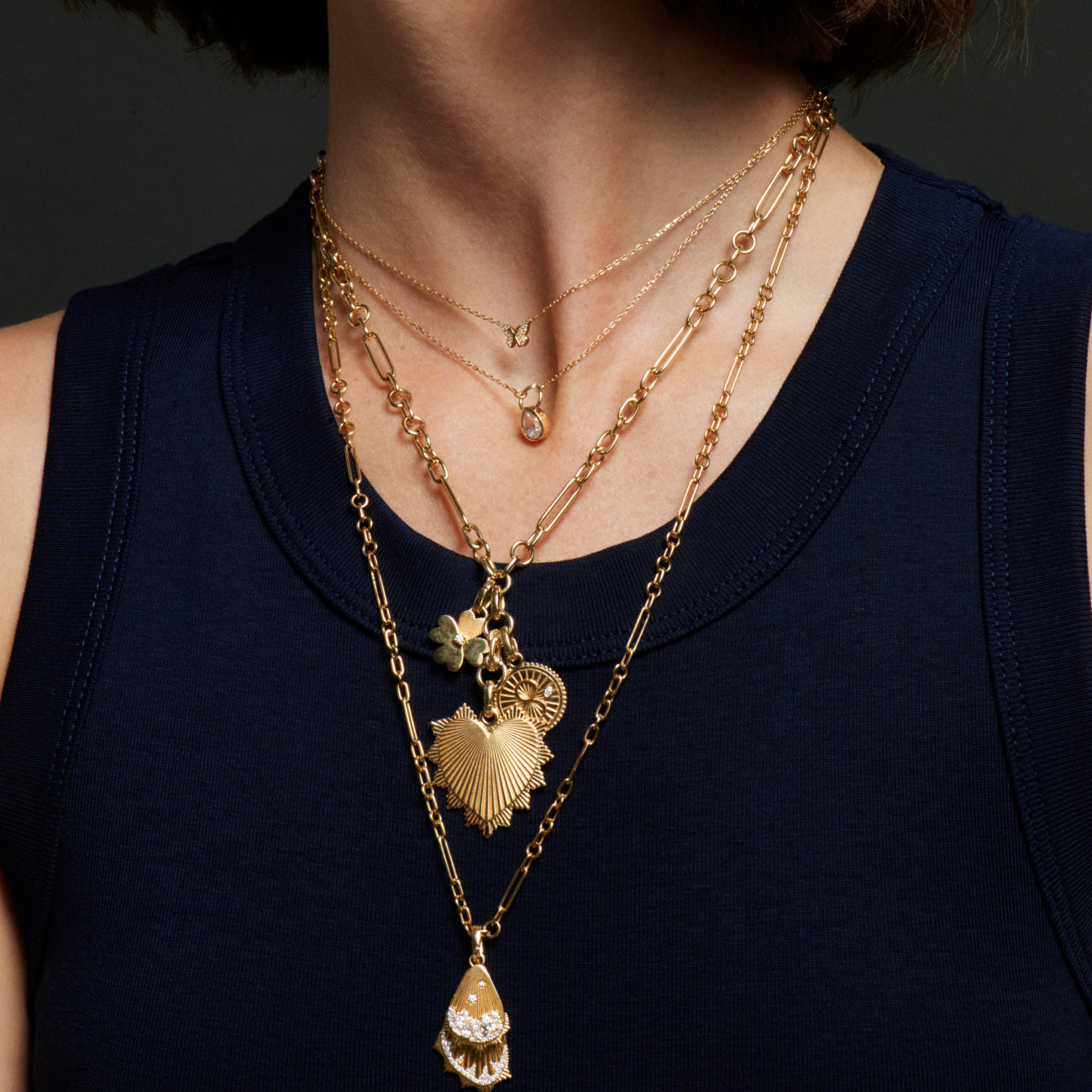 Heart Love Token and Karma Small Mixed Clip Story : in Yellow Gold with Diamonds