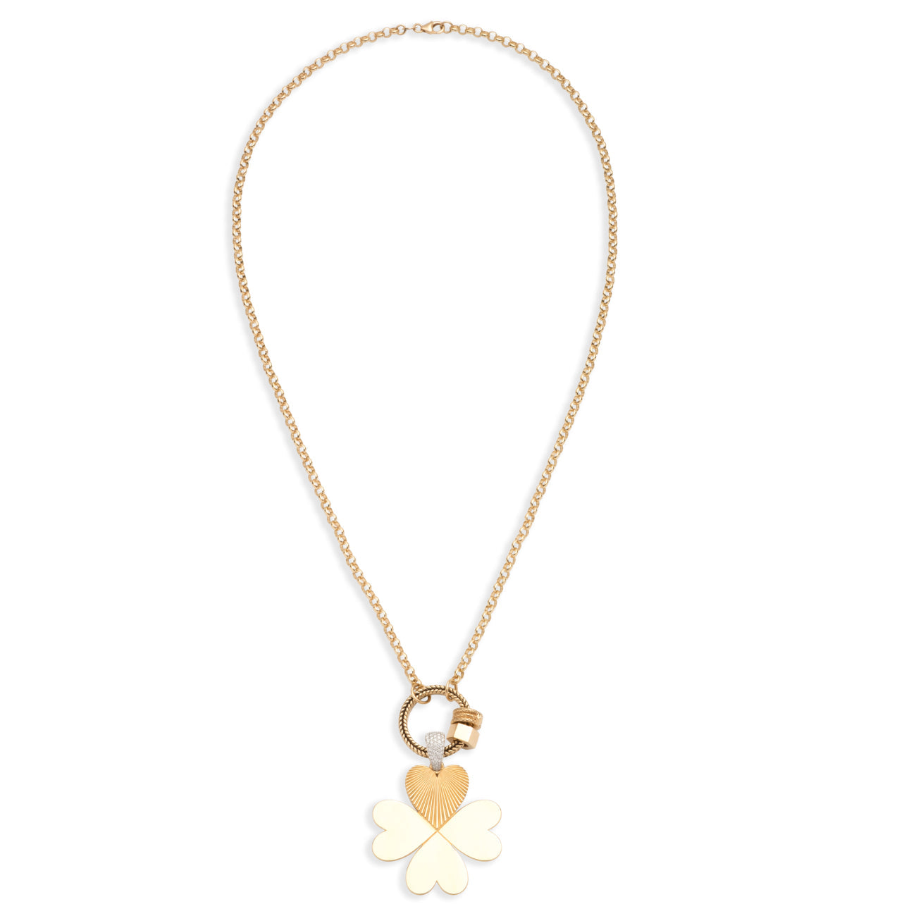 Four Heart Clover and Heart Beats Medium Belcher Open Chain Story : in Yellow Gold with Diamonds