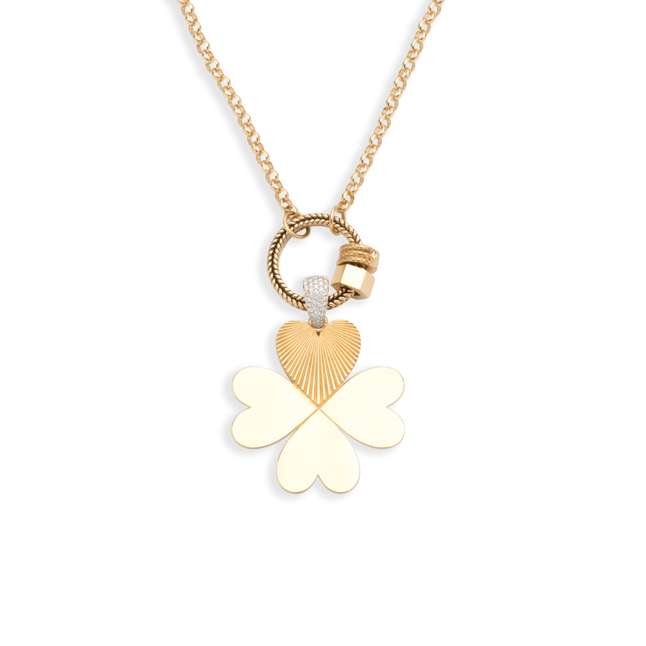 Four Heart Clover and Heart Beats Medium Belcher Open Chain Story : in Yellow Gold with Diamonds