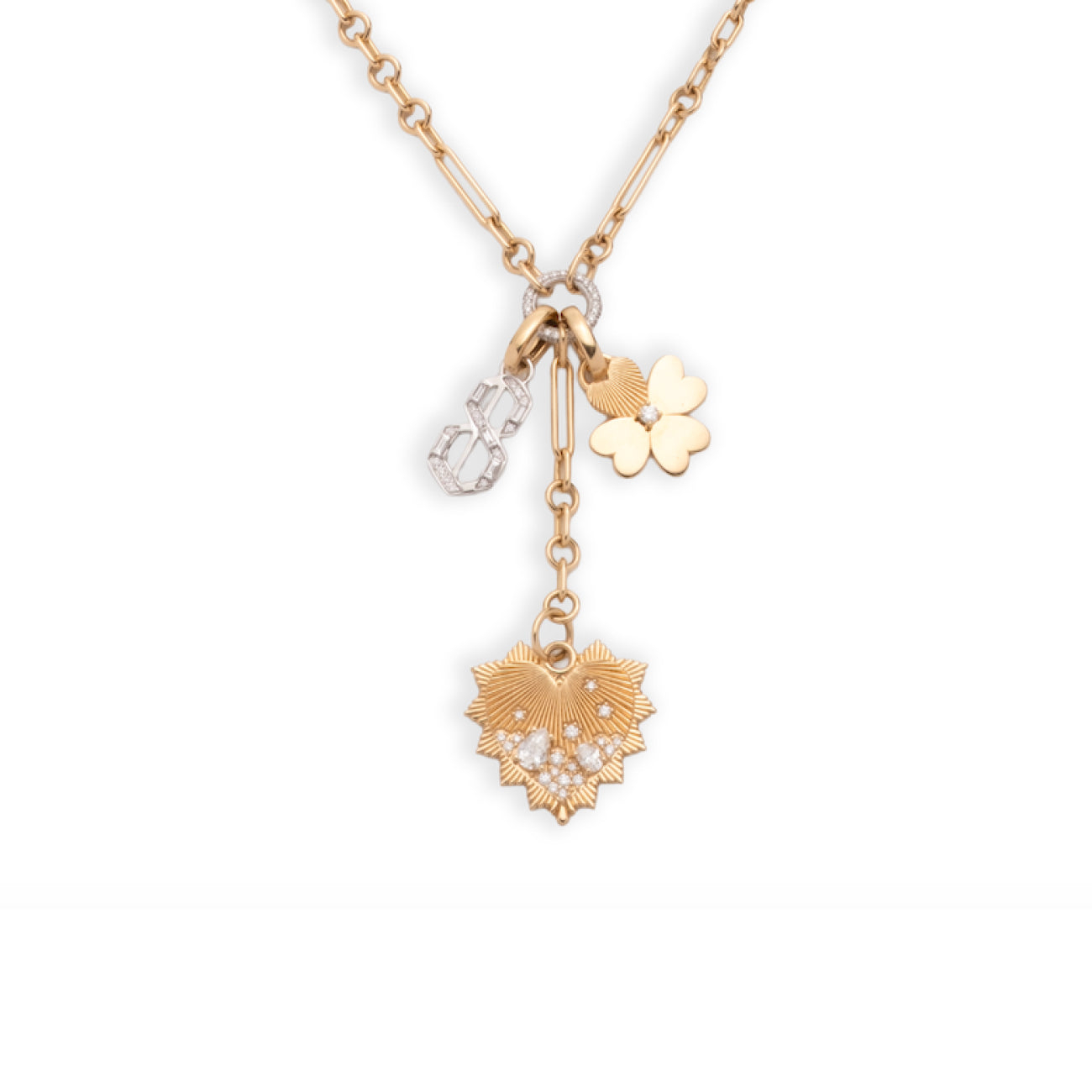 Heart Love Token and Four Heart Clover Fine Mixed Clip Extension Story : in Mixed Gold with Diamonds