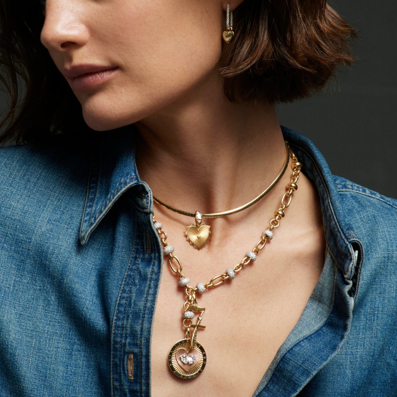 Heart Love Token Small Sleek Collar Necklace : in Yellow Gold with Diamonds