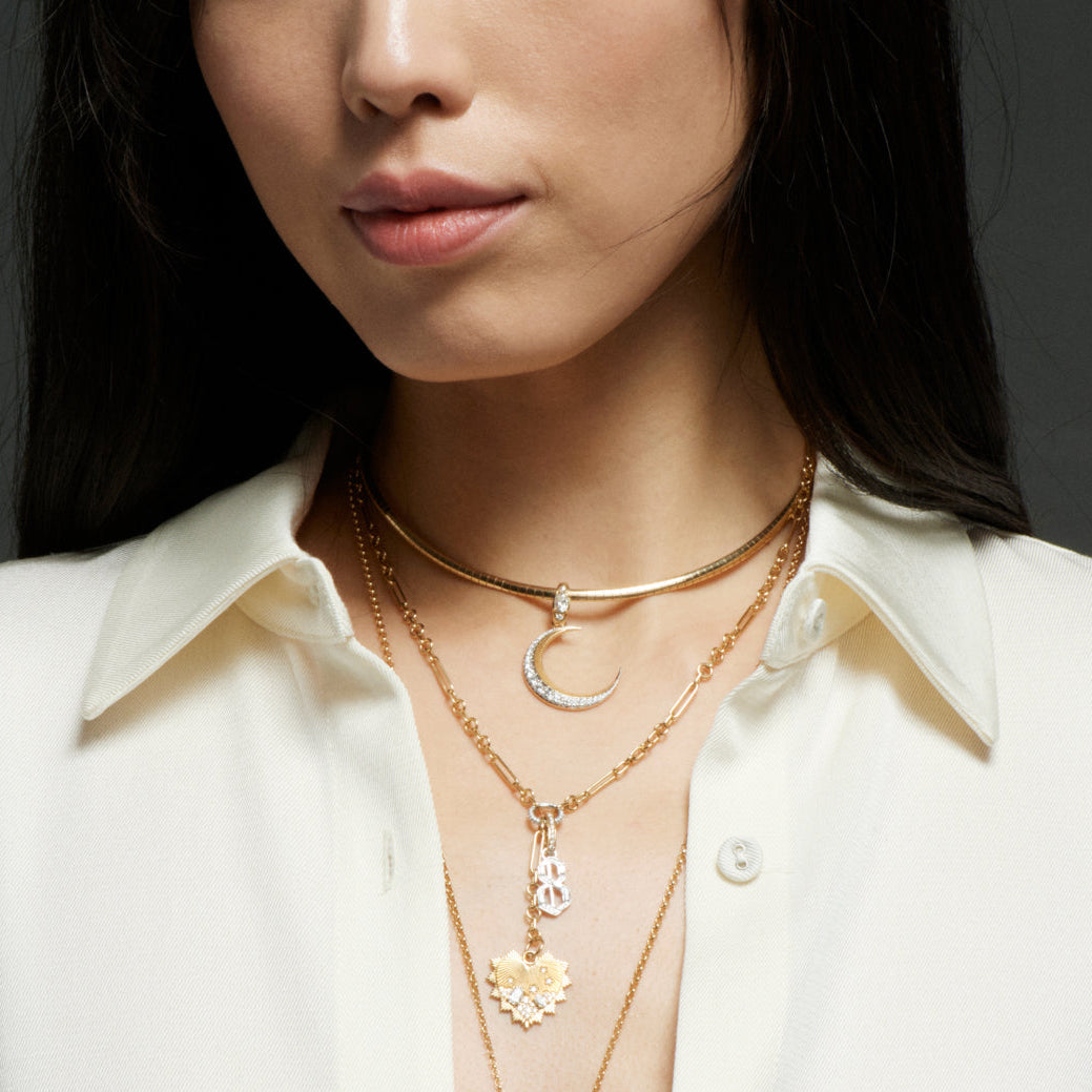 Crescent Small Sleek Collar Necklace : in Yellow Gold with Diamonds