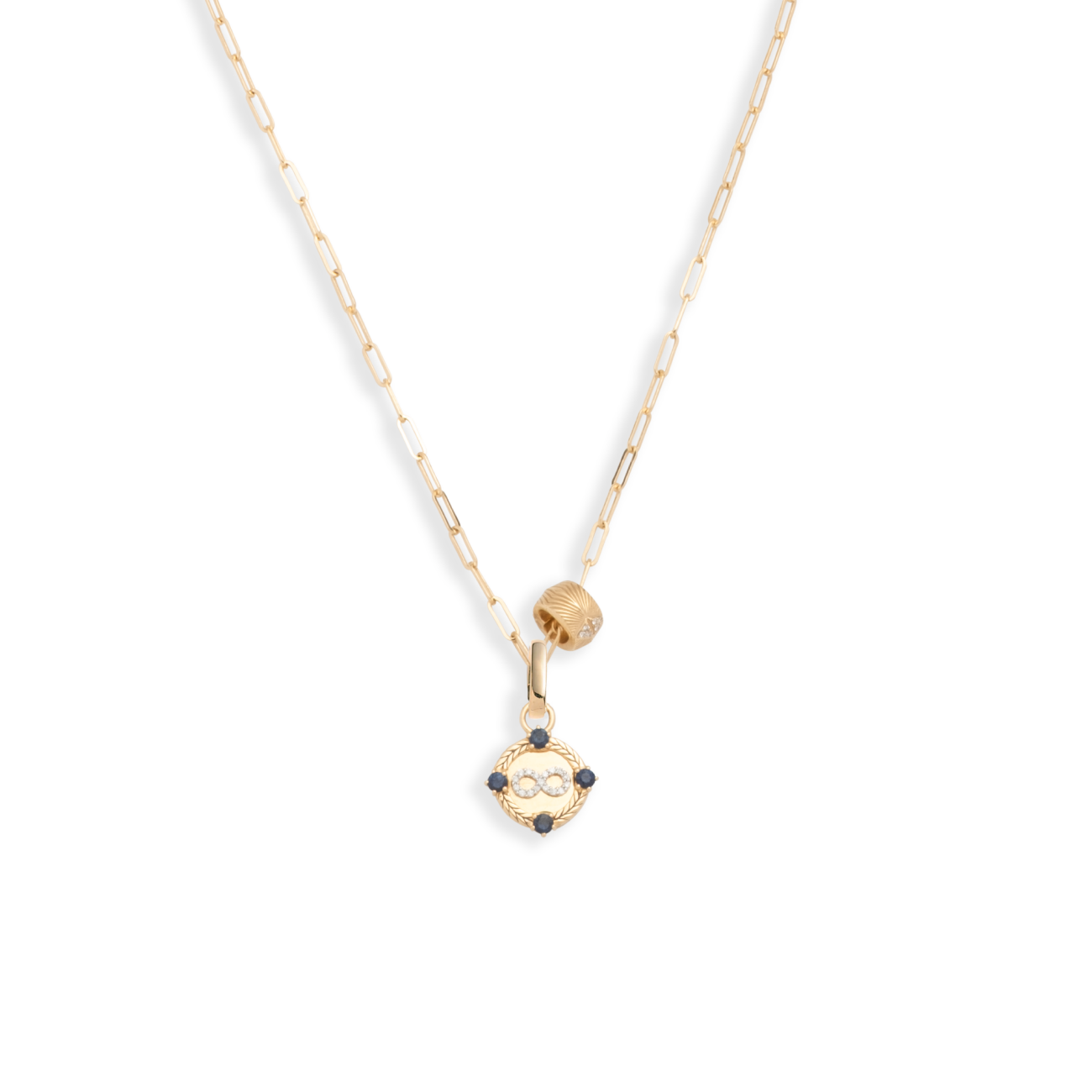 Infinity and Protection Super Fine Clip Necklace : in Yellow Gold with Diamonds and Blue Sapphire