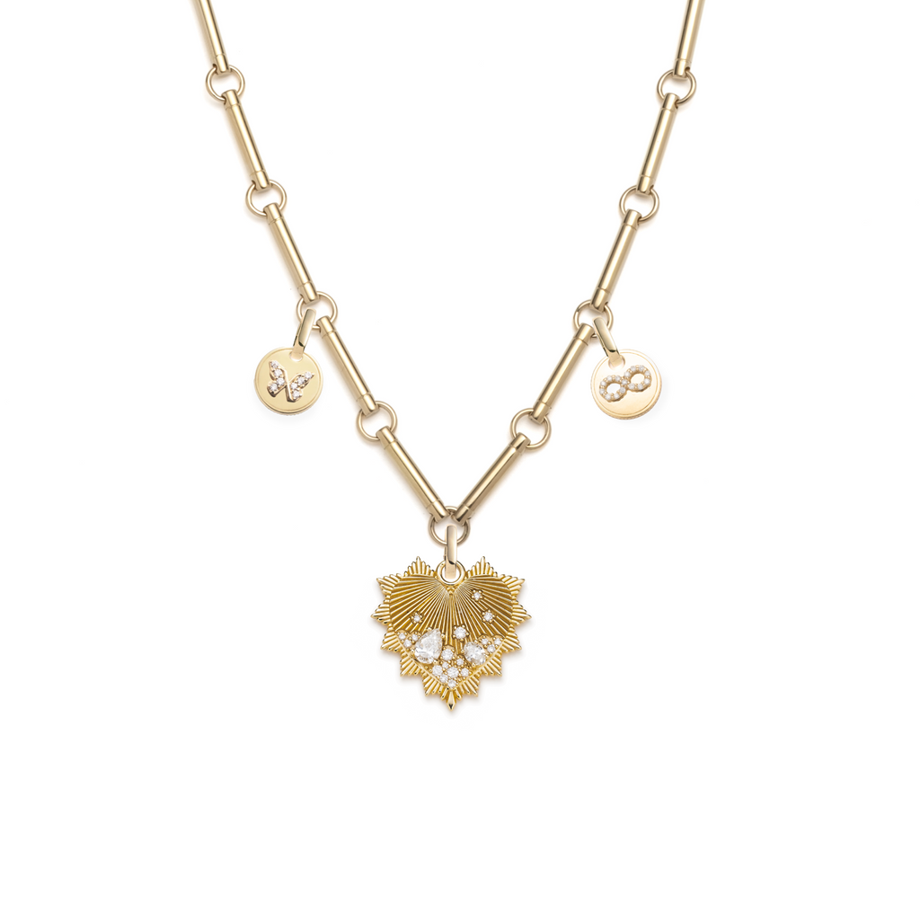Encrusted Heart and Infinity Element Chain Story : in Yellow Gold with Diamonds