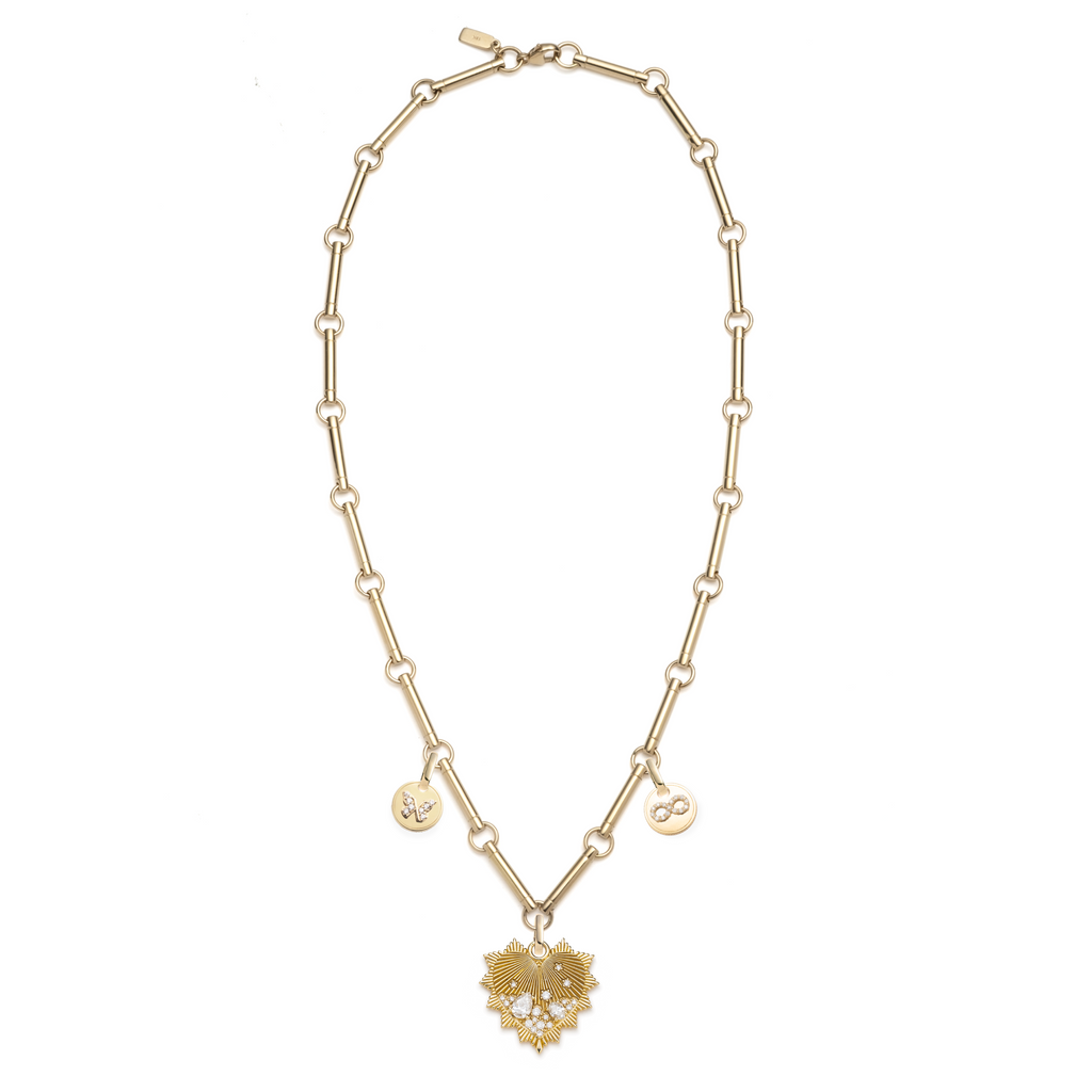 Encrusted Heart and Infinity Element Chain Story : in Yellow Gold with Diamonds