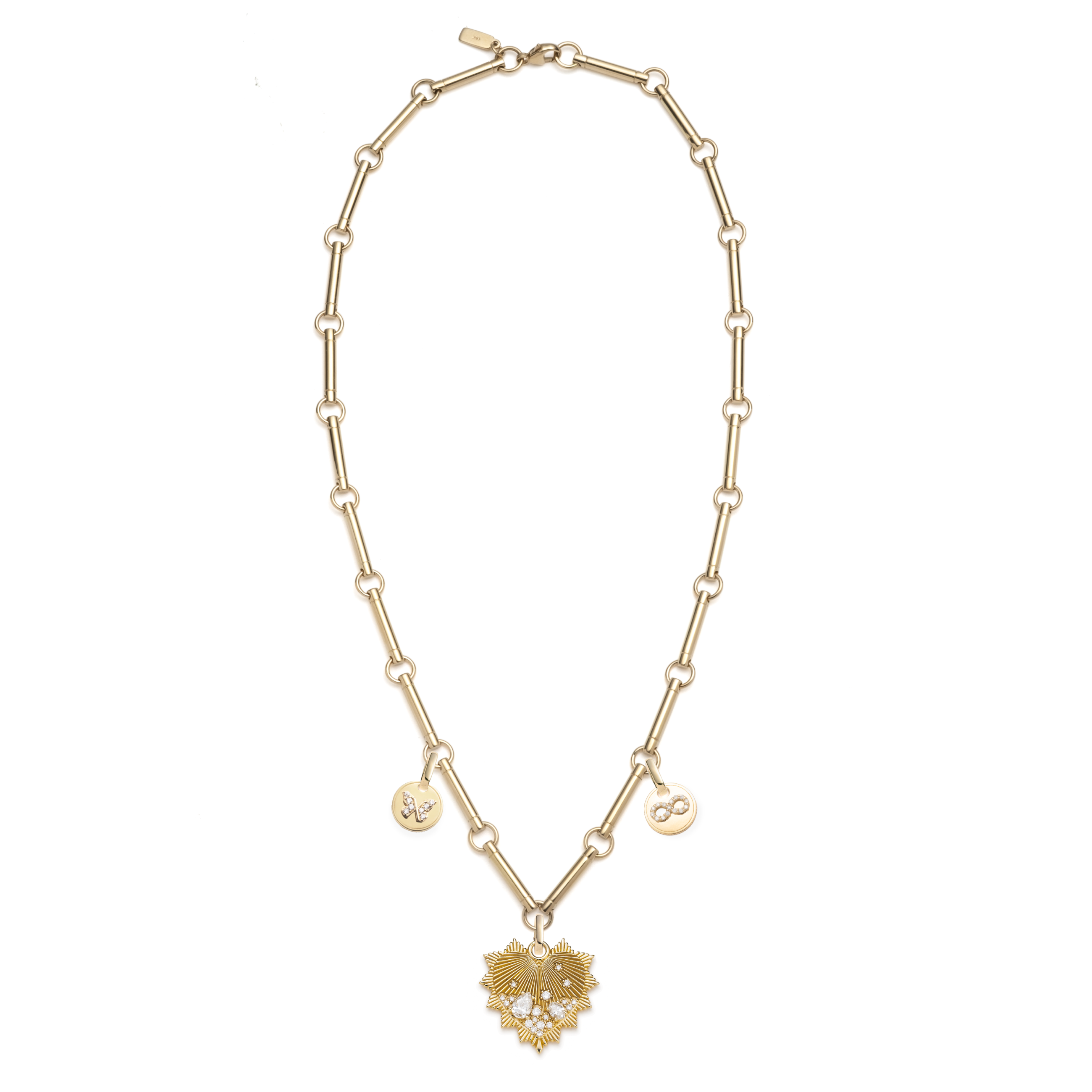 Encrusted Heart and Infinity Element Chain Story : in Yellow Gold with Diamonds