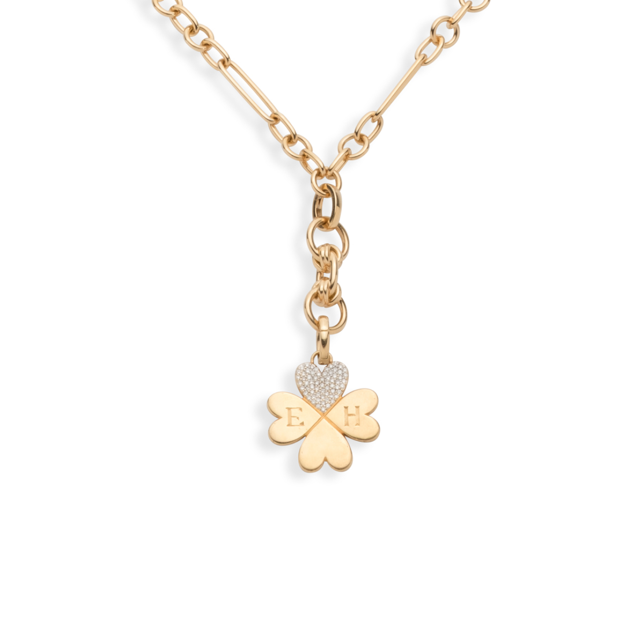 Pave Diamond Engravable Four Heart Clover Small Mixed Clip Necklace : in Yellow Gold