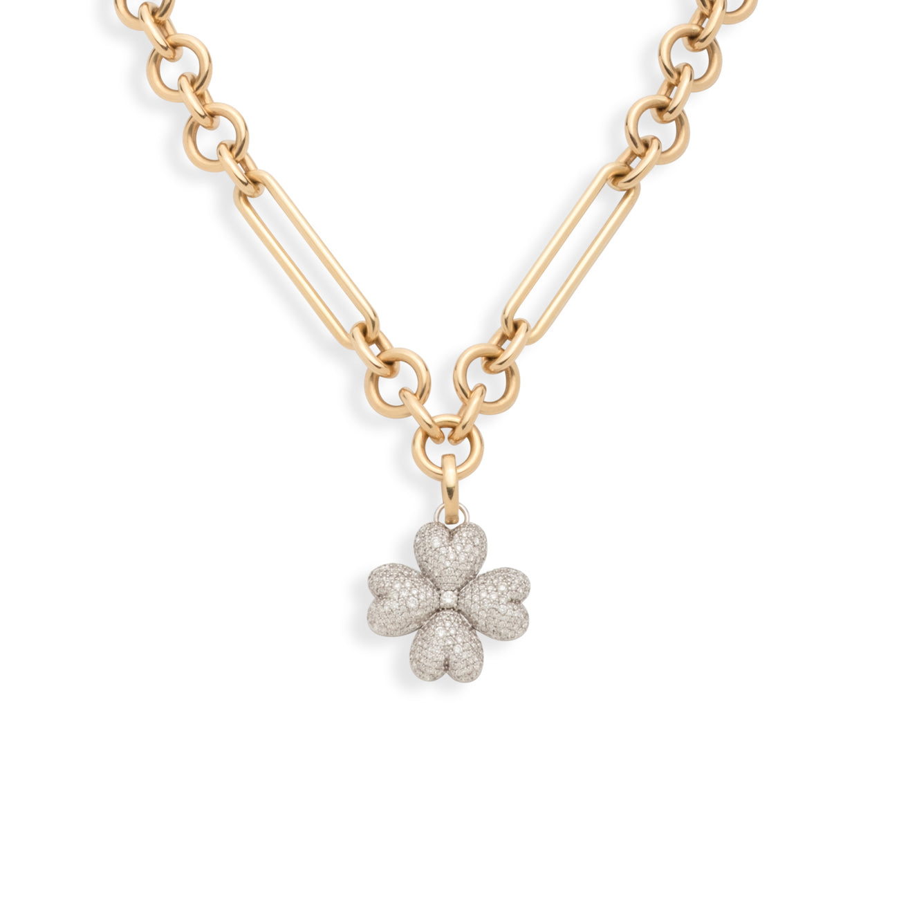 Snow Pavé Diamond Four Heart Clover Midsize Mixed Clip Necklace : in Mixed Gold