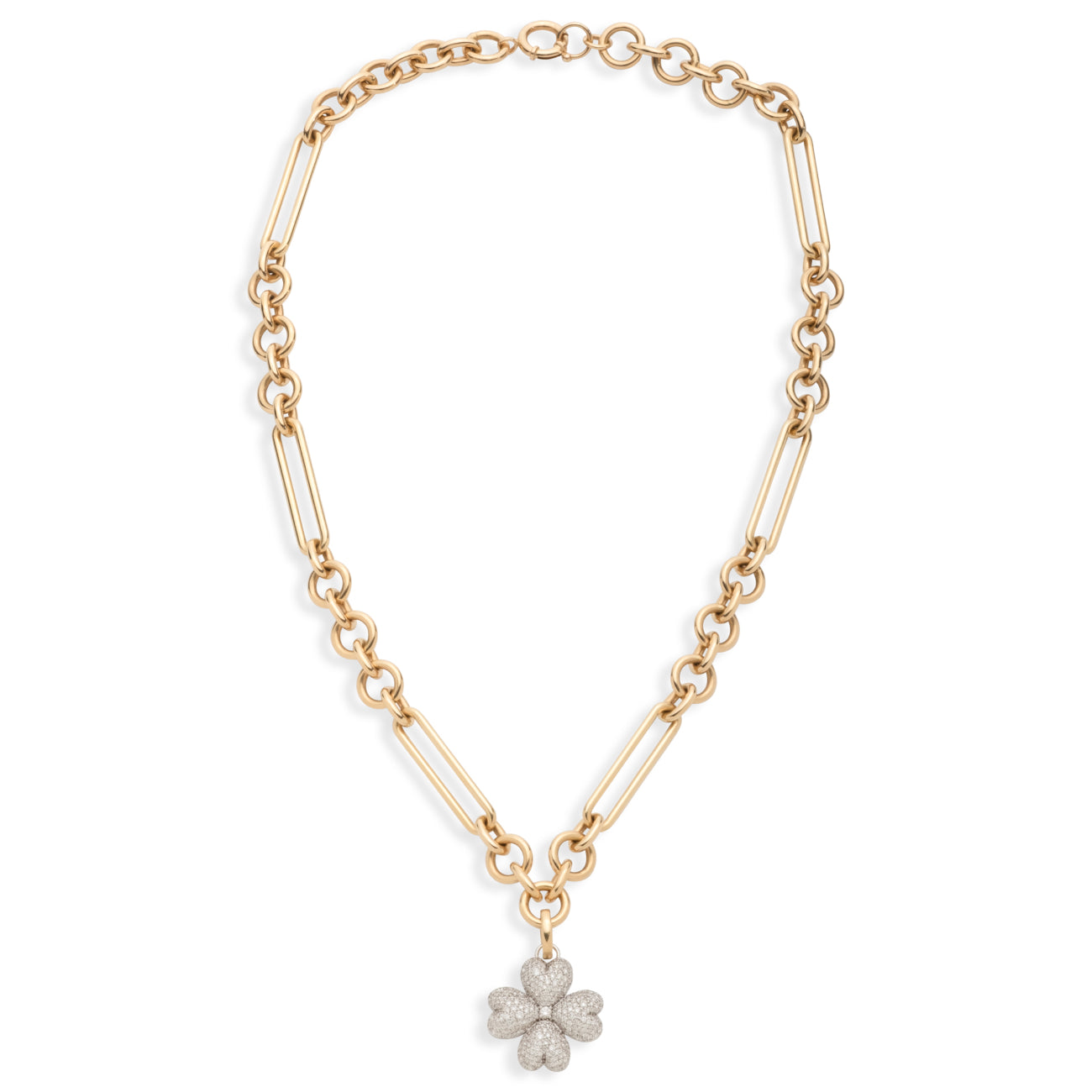 Snow Pavé Diamond Four Heart Clover Midsize Mixed Clip Necklace : in Mixed Gold