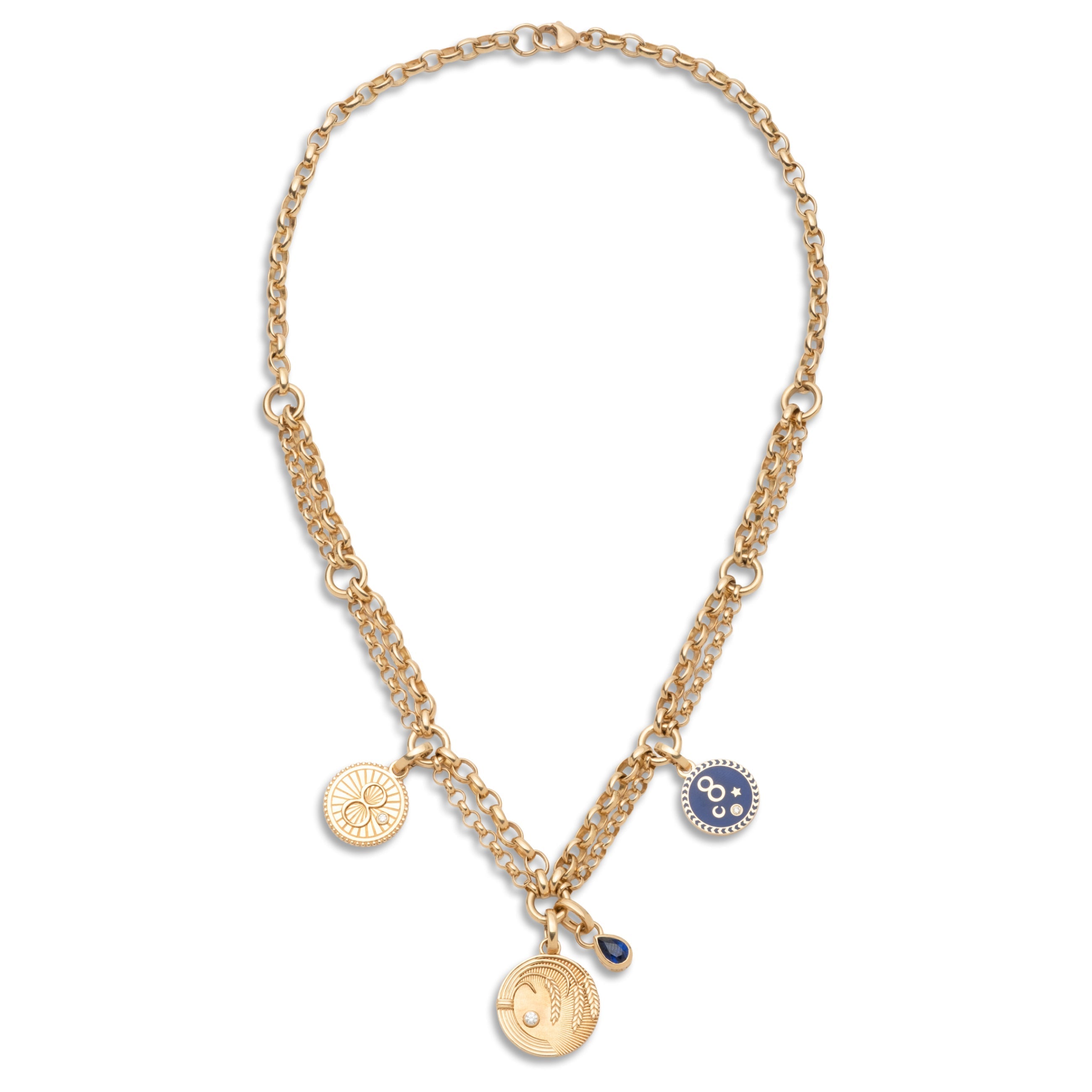 Infinite Gratitude and Karma Festoon Chain Story : in Yellow Gold with Diamonds, Blue Sapphire, and Blue Ceramic