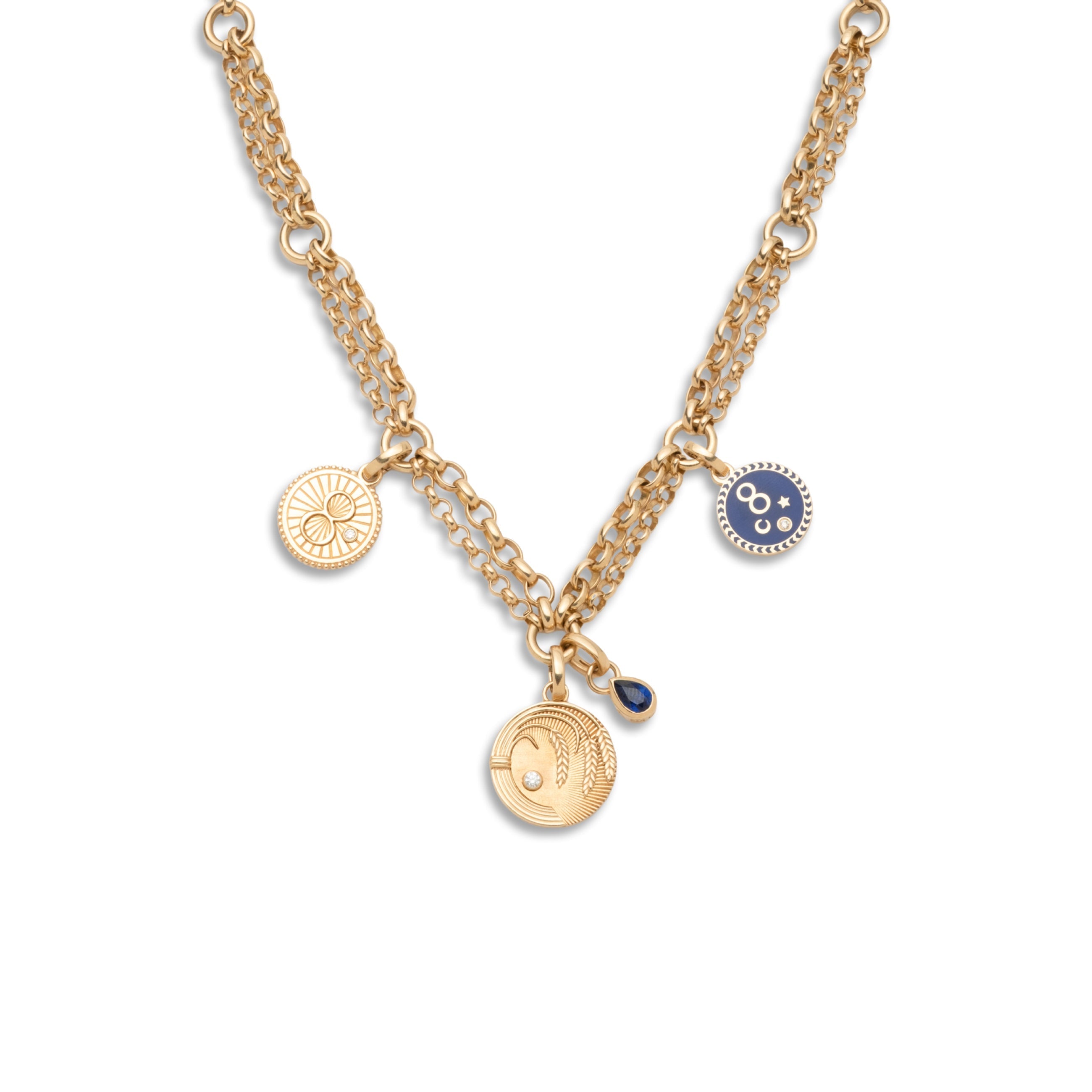 Infinite Gratitude and Karma Festoon Chain Story : in Yellow Gold with Diamonds, Blue Sapphire, and Blue Ceramic