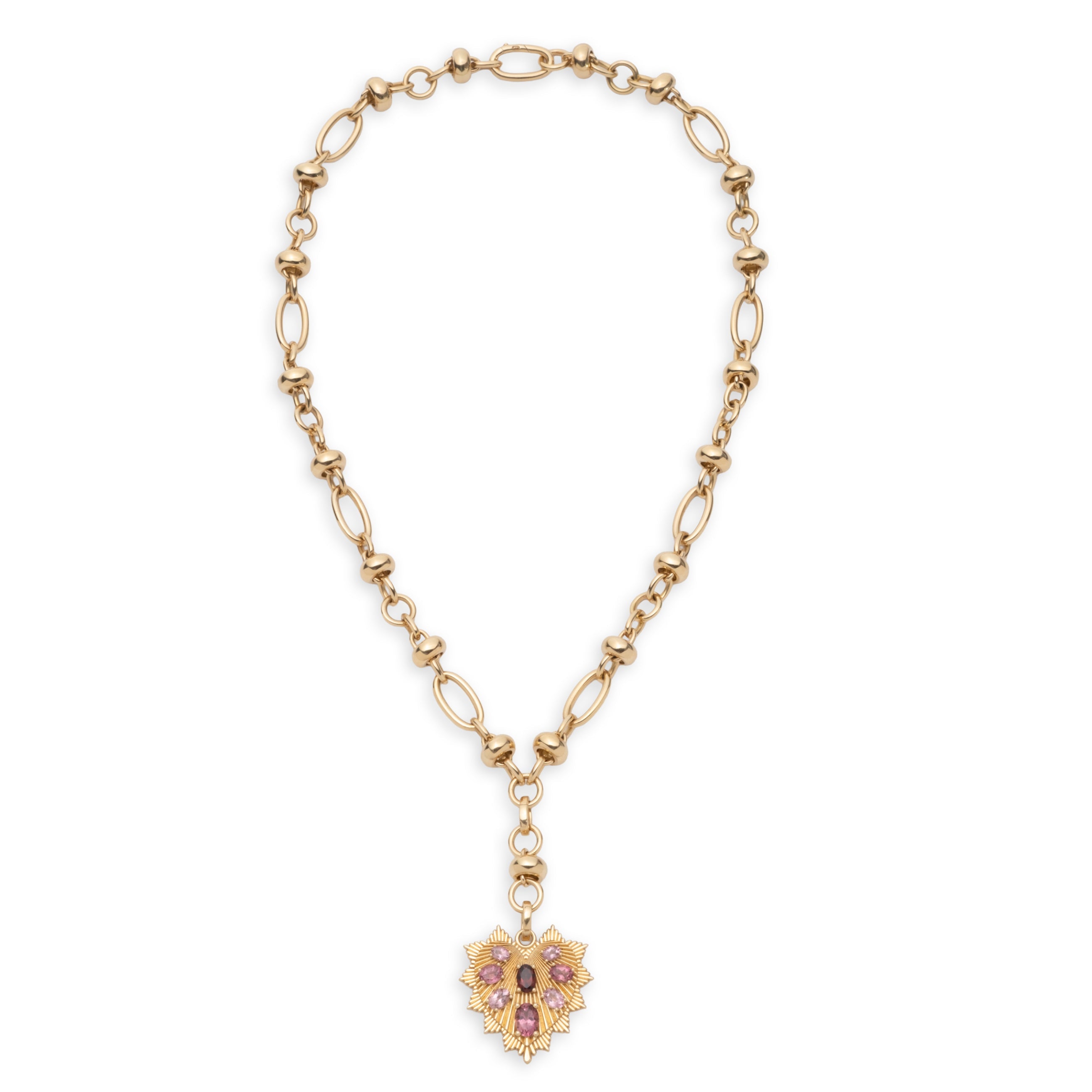 Gemstone Heart Love Token Orbit Chain Extension Necklace : in Yellow Gold with Pink Tourmaline and Garnet