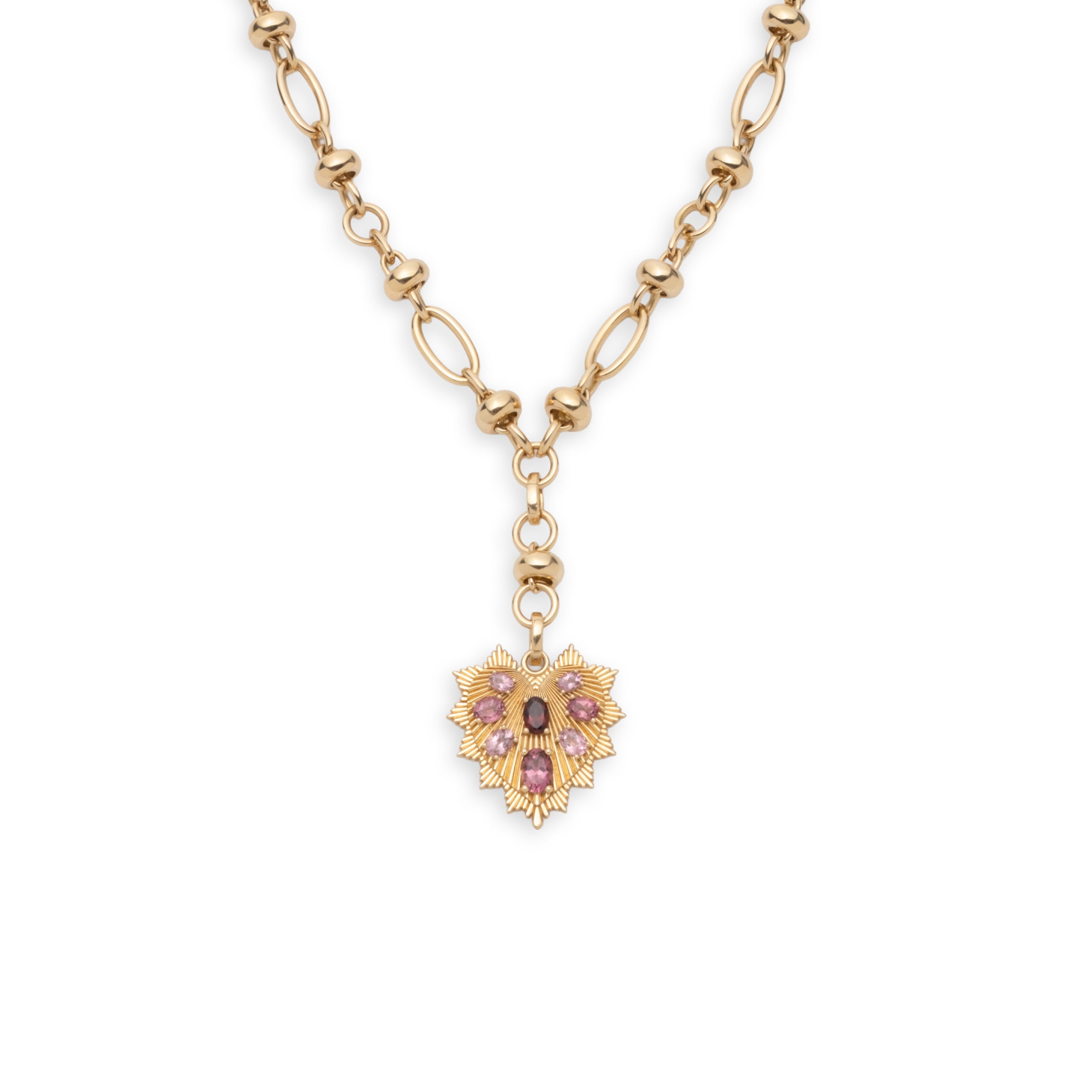 Gemstone Heart Love Token Orbit Chain Extension Necklace : in Yellow Gold with Pink Tourmaline and Garnet