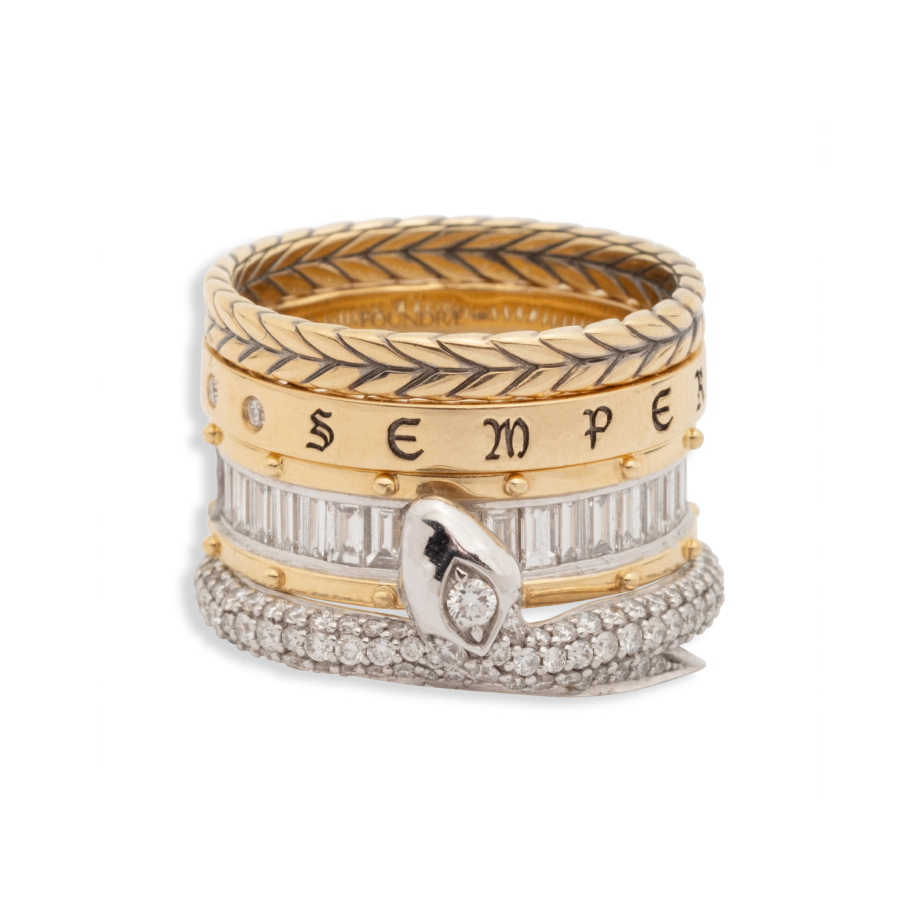 Semper Gratus and Snake Bookend Ring Stack: in Mixed Gold with Diamonds