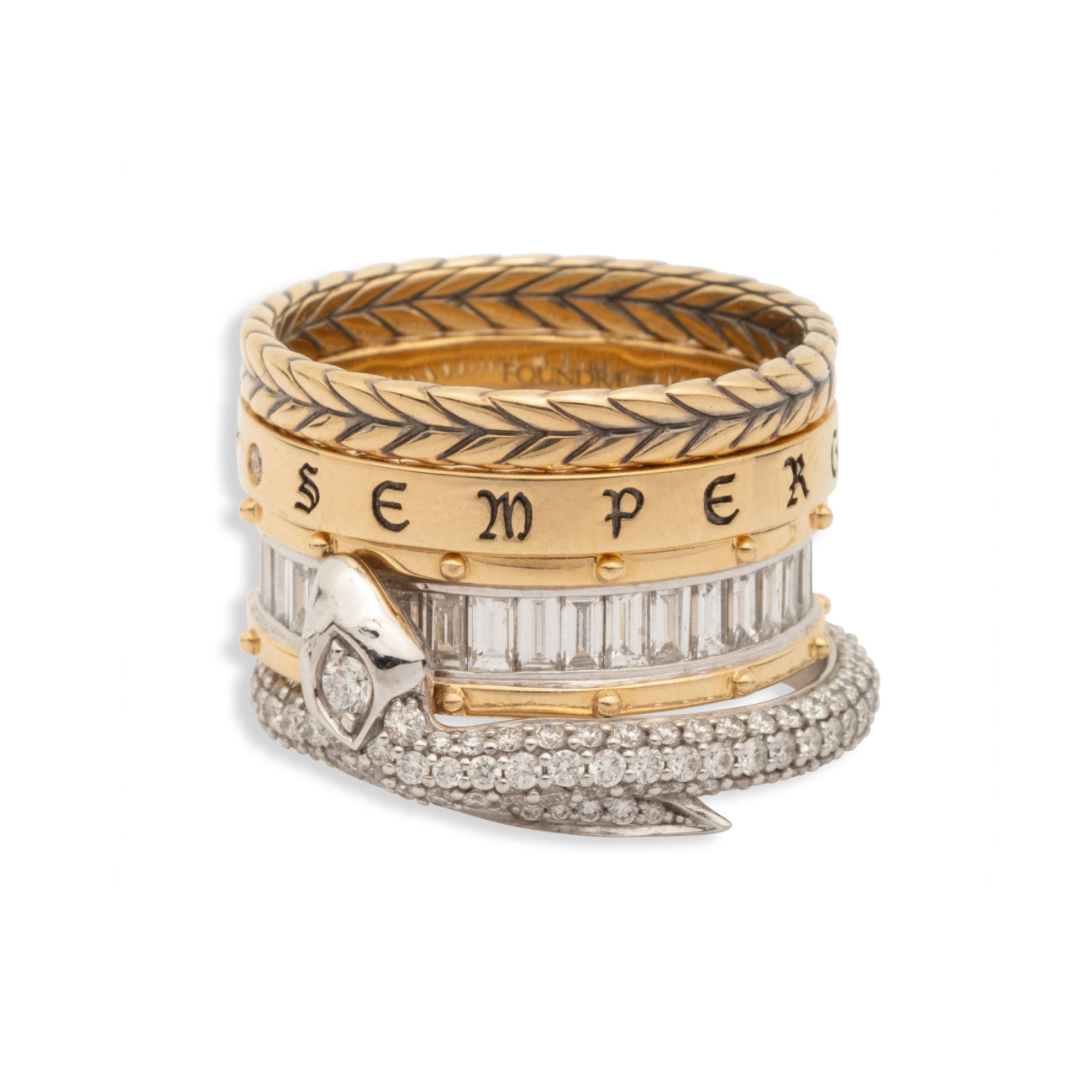Semper Gratus and Snake Bookend Ring Stack: in Mixed Gold with Diamonds