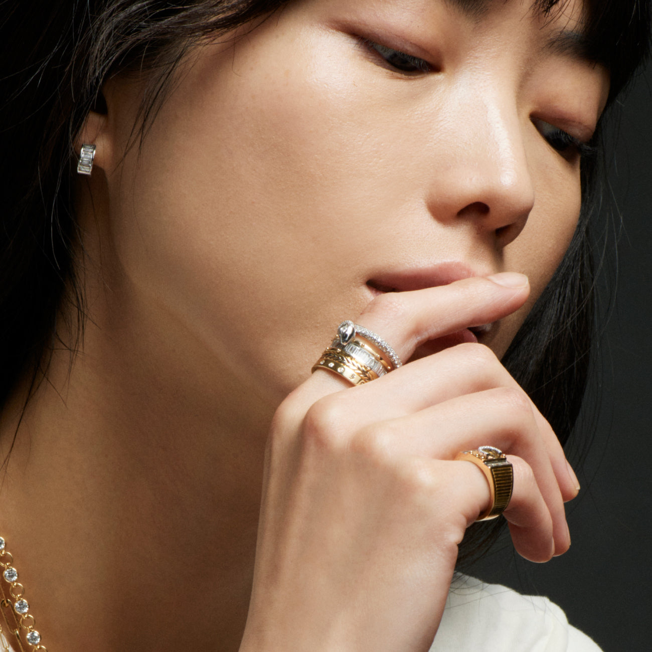 Semper Gratus and Snake Bookend Ring Stack: in Mixed Gold with Diamonds