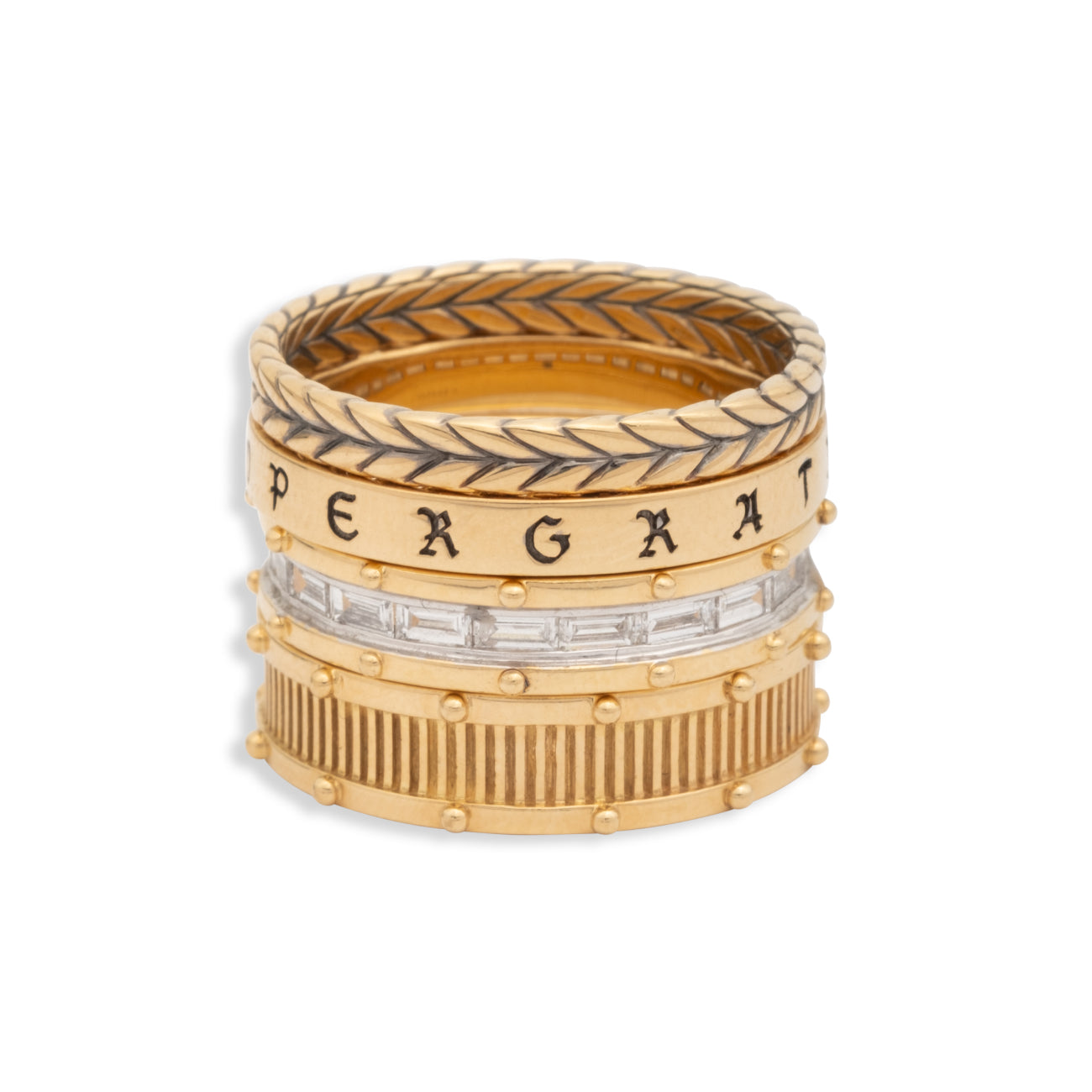Semper Gratus and Lovestruck Pierced Ring Stack : in Yellow Gold with Diamonds