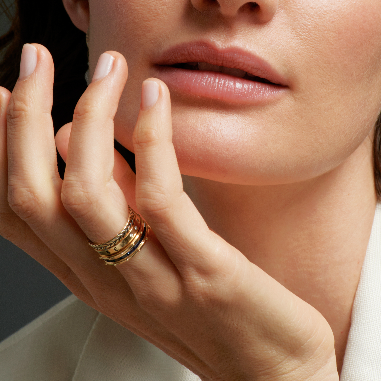 Semper Gratus and Lovestuck Pierced Thin Band Ring Stack : in Yellow Gold with Blue Sapphire