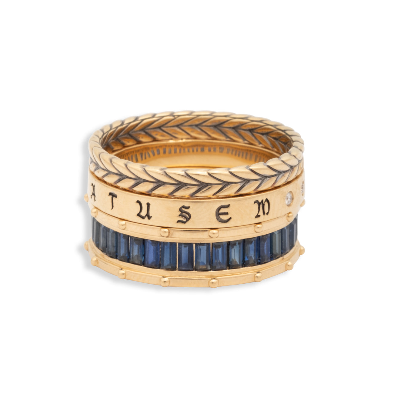 Semper Gratus and Lovestuck Pierced Thin Band Ring Stack : in Yellow Gold with Blue Sapphire