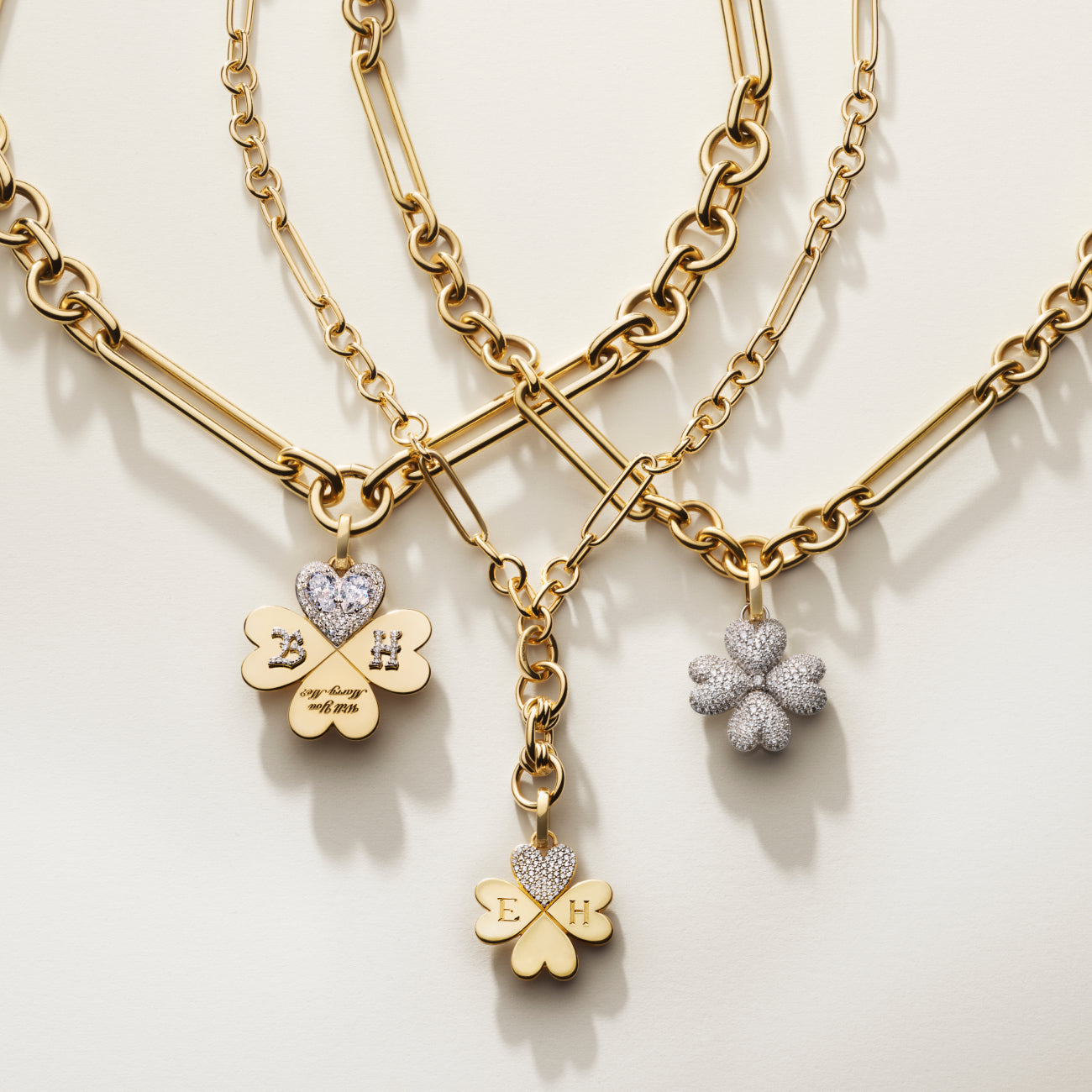 Pave Diamond Engravable Four Heart Clover Small Mixed Clip Necklace : in Yellow Gold