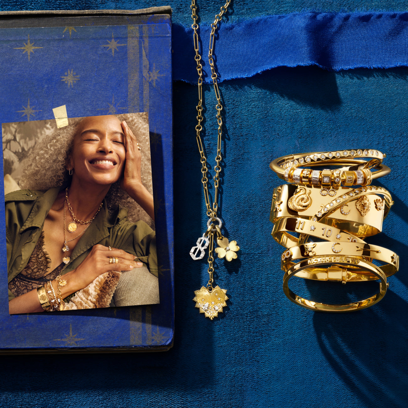 Heart Love Token and Four Heart Clover Fine Mixed Clip Extension Story : in Mixed Gold with Diamonds